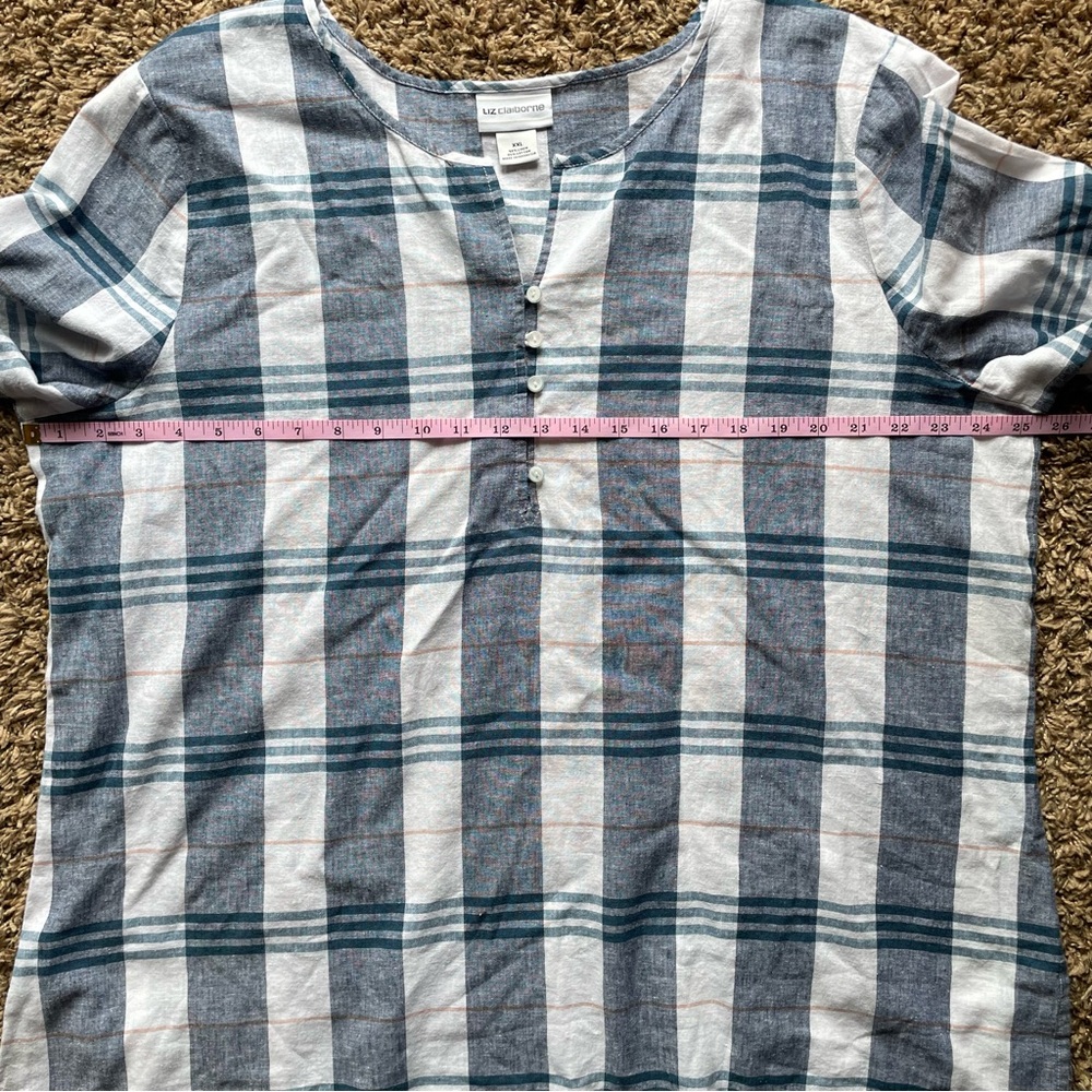 Liz Claiborne Womens XXL 2XL Linen Blend Blue Plaid Tunic 3/4 Tie Sleeve Blouse - Picture 9 of 10